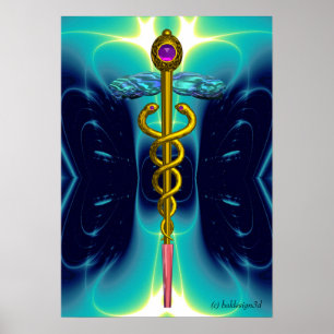 GOLD CADUCEUS Medizinisches Symbol Türkisblaue Wel Poster