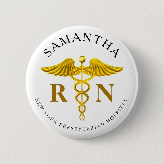 Gold Caduceus Registered Nurse Name Button (Vorderseite)