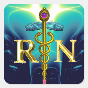 GOLD CADUCEUS REGISTRIERT NURSE SYMBOL Aqua Blue Quadratischer Aufkleber