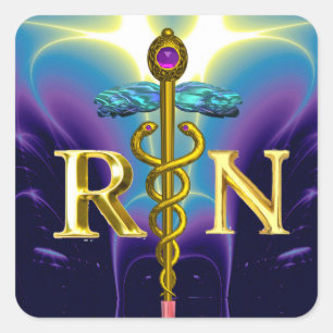 GOLD CADUCEUS REGISTRIERT NURSE SYMBOL Blau Lila Quadratischer Aufkleber