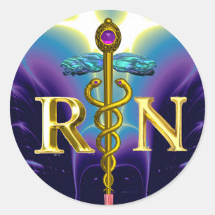 GOLD CADUCEUS REGISTRIERT NURSE SYMBOL Blau Lila Runder Aufkleber