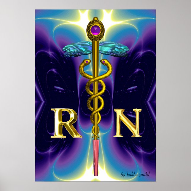 GOLD CADUCEUS REGISTRIERT NURSE SYMBOL Lila Blue Poster (Vorne)