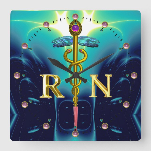 GOLD CADUCEUS REGISTRIERTES NURSE-SYMBOL, Aquamari Quadratische Wanduhr (Vorderseite)