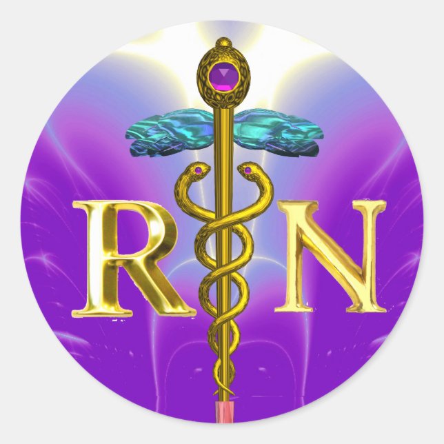 GOLD CADUCEUS REGISTRIERTES NURSE-SYMBOL Lila Aqua Runder Aufkleber (Vorderseite)