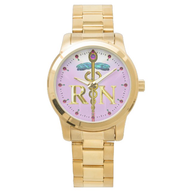 GOLD CADUCEUS REGISTRIERTES NURSE-SYMBOL / Pink,Li Armbanduhr (Vorderseite)