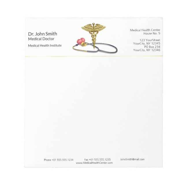 Gold Caduceus & Stethoscope with Heart Medical Notizblock (Vorderseite)