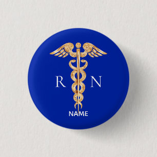 Gold Caduceus Symbol & Registered Nurse Monogram Button