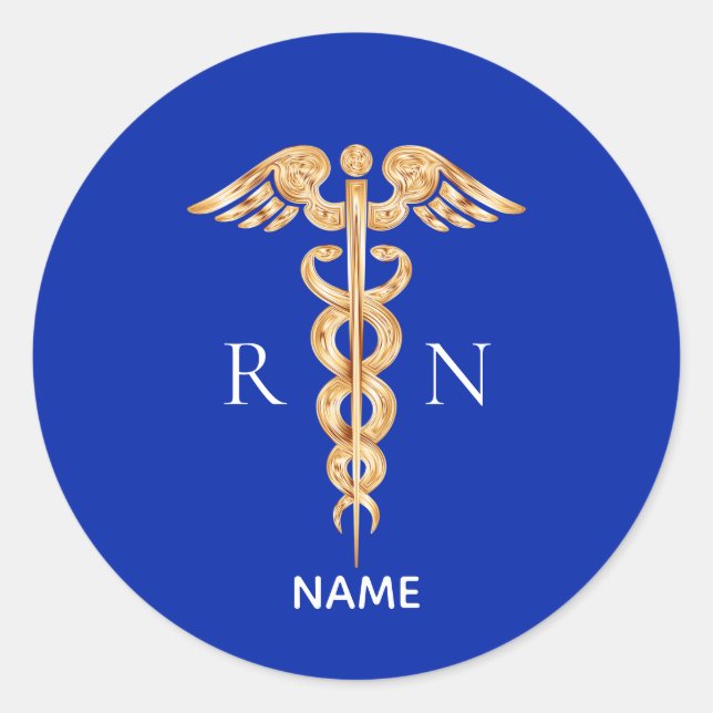 Gold Caduceus Symbol & Registered Nurse Monogram Runder Aufkleber (Vorderseite)