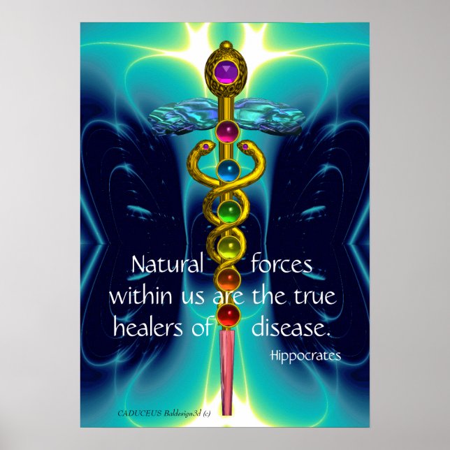 GOLD CADUCEUS UND 7 SCHAKRAS IN AQUAMARINEN BLAUEN POSTER (Vorne)