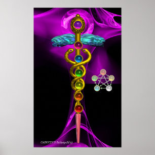 GOLD CADUCEUS UND 7 SCHWANKER IN ROSE LILA FRAKTAL POSTER