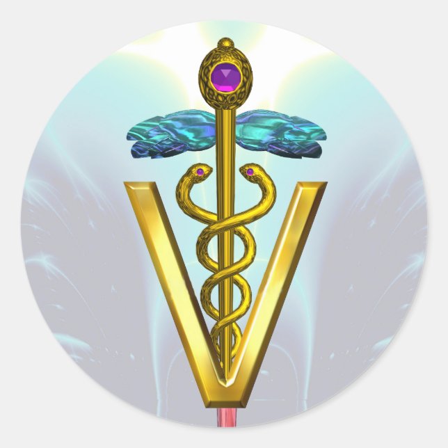 GOLD CADUCEUS VETERINÄRSYMBOL Aquamarin blau Runder Aufkleber (Vorderseite)