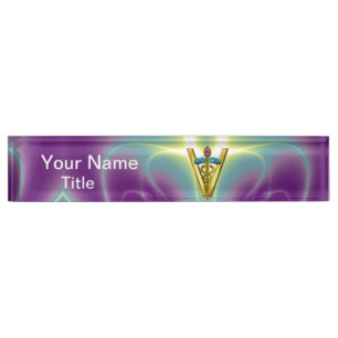 GOLD CADUCEUS VETERINÄRSYMBOL Aquamarin grün Lila Namensplakette