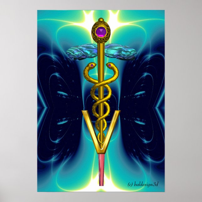 GOLD CADUCEUS VETERINÄRSYMBOL Aquamarines Aqua Blu Poster (Vorne)