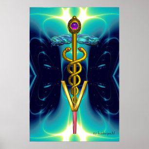 GOLD CADUCEUS VETERINÄRSYMBOL Aquamarines Aqua Blu Poster