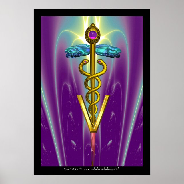 GOLD CADUCEUS VETERINÄRSYMBOL Blau Lila Poster (Vorne)