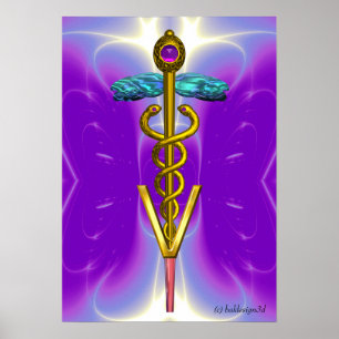 GOLD CADUCEUS VETERINÄRSYMBOL Blau Lila Poster