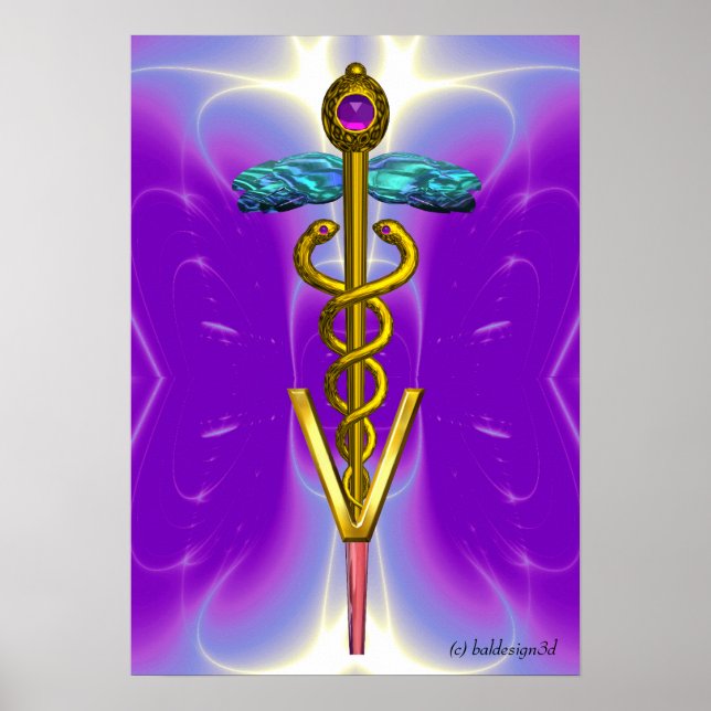 GOLD CADUCEUS VETERINÄRSYMBOL Blau Lila Poster (Vorne)
