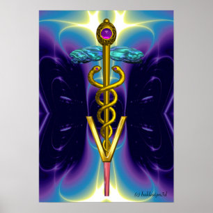 GOLD CADUCEUS VETERINÄRSYMBOL Blau Lila Poster