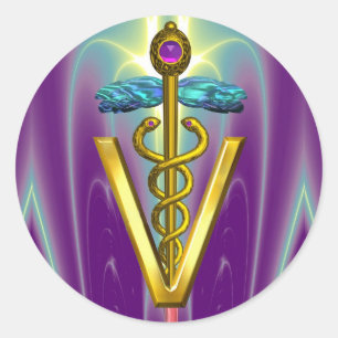 GOLD CADUCEUS VETERINÄRSYMBOL Lila grünes Runder Aufkleber