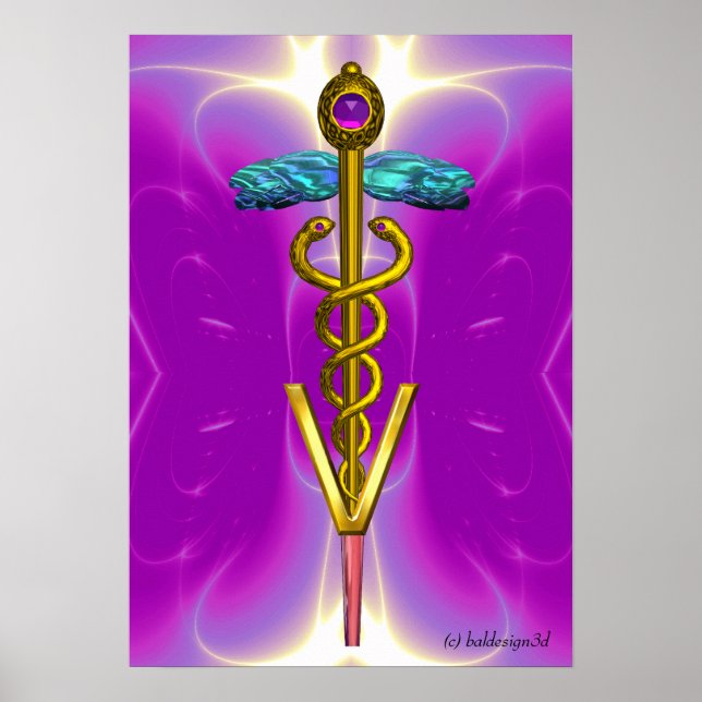 GOLD CADUCEUS VETERINÄRSYMBOL Pink Fuchsia Poster (Vorne)