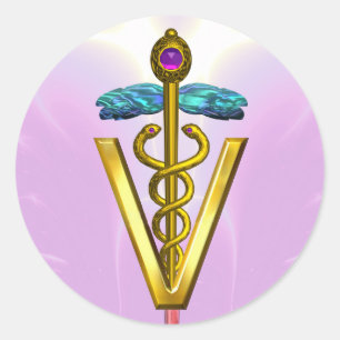 GOLD CADUCEUS VETERINÄRSYMBOL Pink Runder Aufkleber