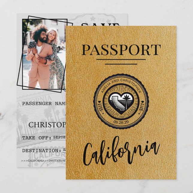 Gold California Passport Save the Date (Vorne/Hinten)