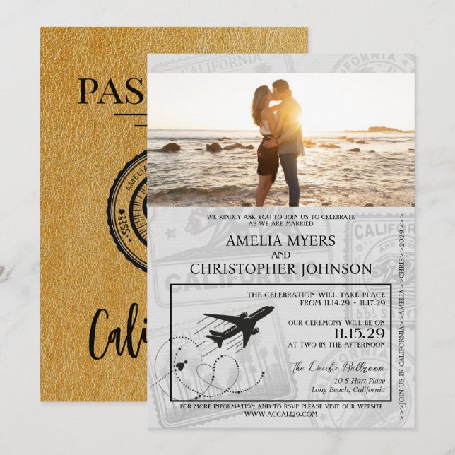 Gold California Passport Wedding Einladung (Vorne/Hinten)