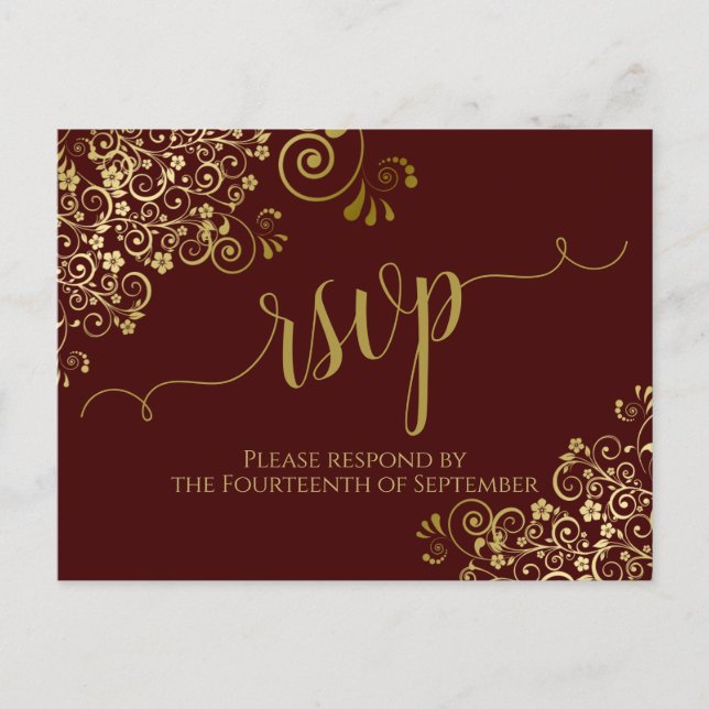 Gold Calligraphy Auburn Brown Wedding RSVP Postkarte (Vorderseite)