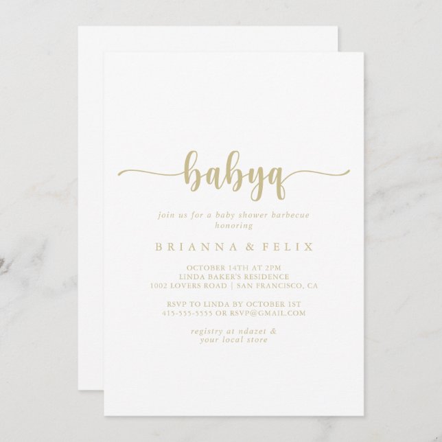Gold Calligraphy BabyQ Baby Shower Barbecue Einladung (Vorne/Hinten)