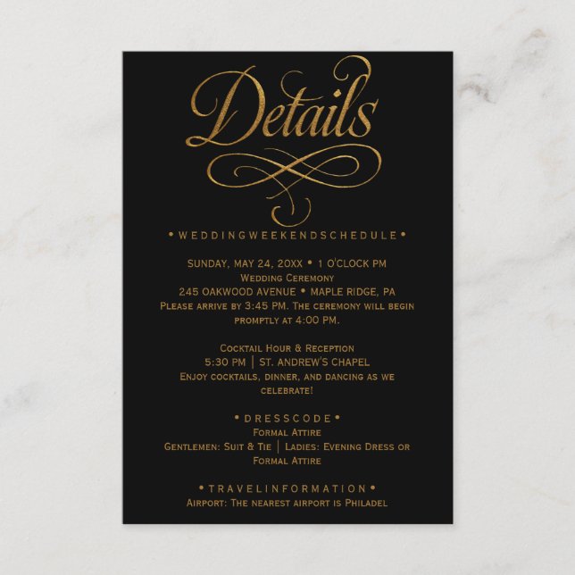 Gold Calligraphy Black Wedding Insert Card (Vorderseite)