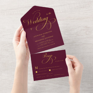 Gold Calligraphy Burgundy Classy Elegant Wedding All In One Einladung