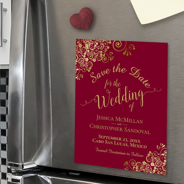 Gold Calligraphy Burgundy Red Speichern Sie das Da Magnetkarte (Magnetic for Easy Display)