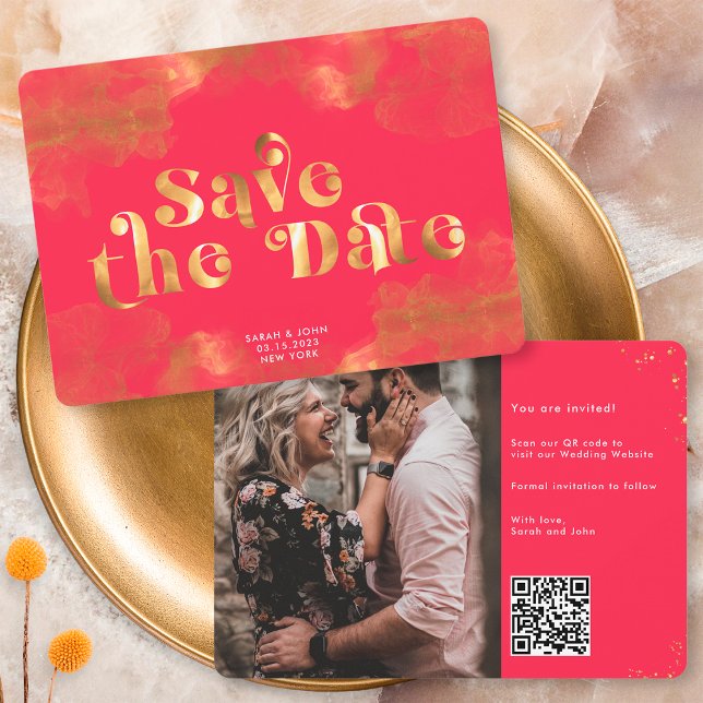 Gold Calligraphy Elegant Magenta QR Code Save The Date (Von Creator hochgeladen)
