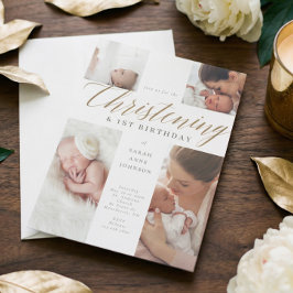 Gold Calligraphy Foto Christening & 1. Geburtstag Einladung