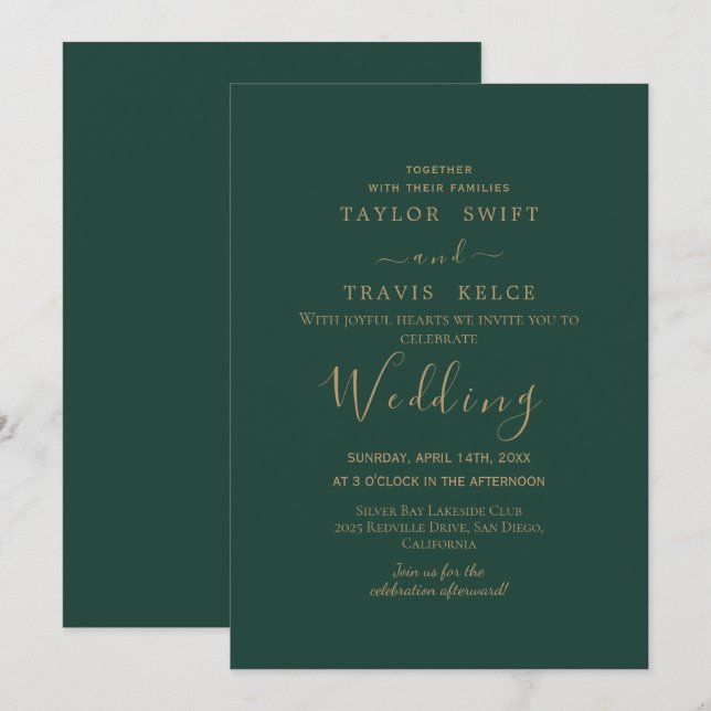 Gold Calligraphy Green Wedding Einladung (Vorne/Hinten)