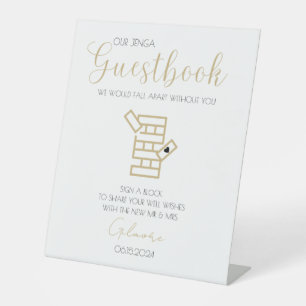 Gold Calligraphy Jenga Gästebuch Wedding Sign-In Sockelschild