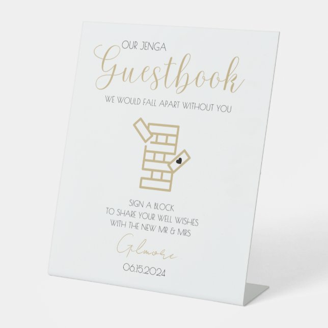 Gold Calligraphy Jenga Gästebuch Wedding Sign-In Sockelschild (Vorderseite)