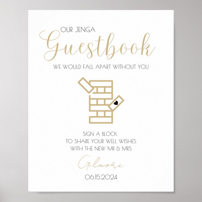 Gold Calligraphy Jenga Guestbook Wedding Poster (Vorne)