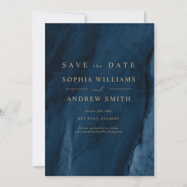 Gold Calligraphy & Navy Blue Save the Date Einladung (Vorderseite)