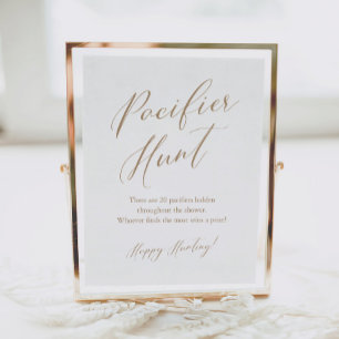 Gold Calligraphy Pacifier Hunt Baby Shower Game Poster