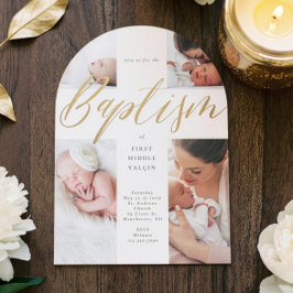 Gold Calligraphy Photo Collage Baby Baptism Cross Einladung