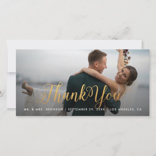 Gold Calligraphy Photo Thank You Tall Card Dankeskarte (Vorderseite)