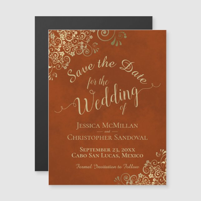 Gold Calligraphy Rust Orange Speichern Sie das Dat Magnetkarte (Vorne/Hinten)