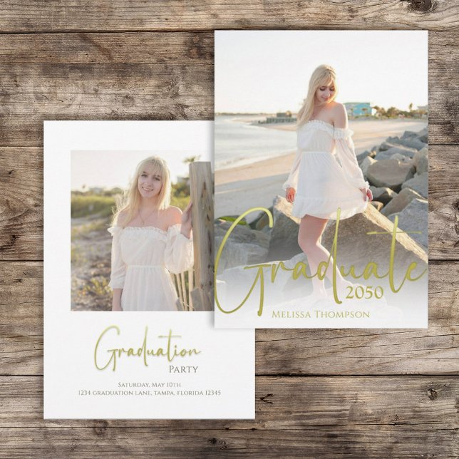 Gold Calligraphy Script Minimalistisch Zwei Foto Einladung (Von Creator hochgeladen)