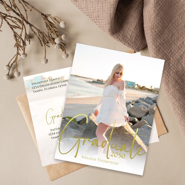 Gold Calligraphy Script Minimalistisch Zwei Foto Postkarte (Graduation calligraphy script photo postcard template.)