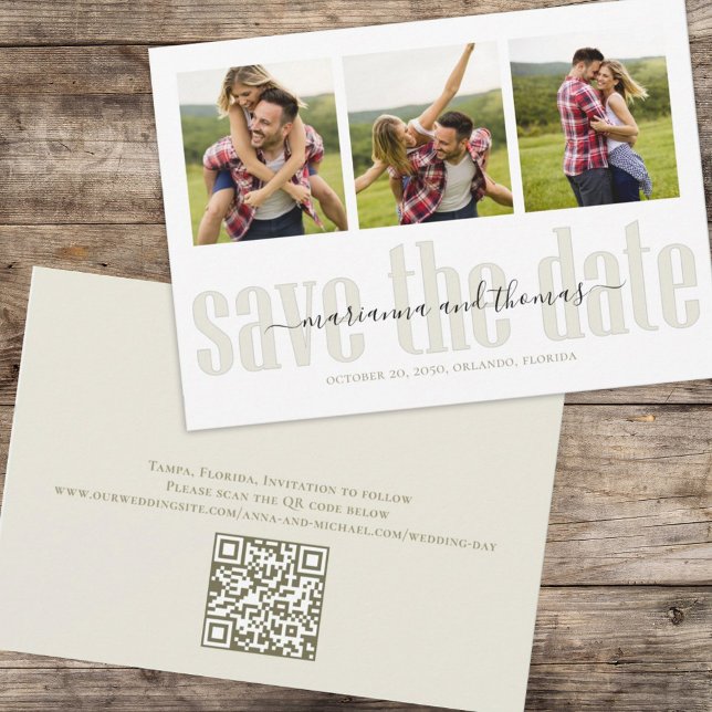 Gold Calligraphy Script Stilvolles Foto QR Code Save The Date (Simple wedding save the date photo card with three photo template and QR Code )