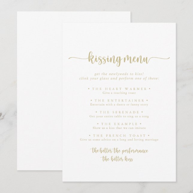 Gold Calligraphy Wedding Kissing Menu Game Card (Vorne/Hinten)