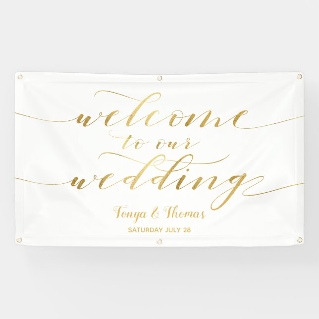 Gold Calligraphy White Willkommen bei unserer Hoch Banner (Horizontal)