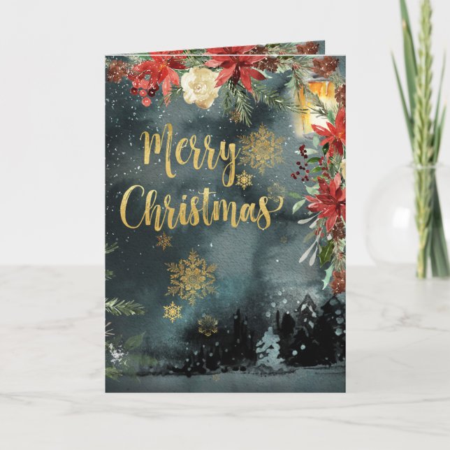 Gold Calligraphy Woodland Floral Holiday Card Einladung (Vorderseite)