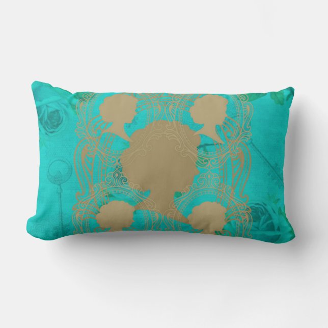 Gold CameoLadys Turquoise Rose & Keys LumbarPillow Lendenkissen (Vorderseite)